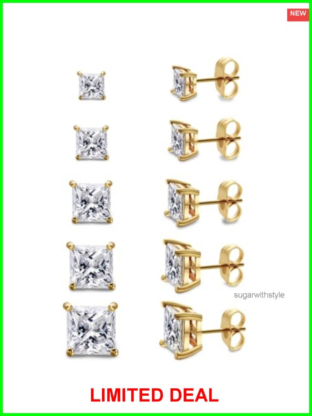 18K Gold Plated Cubic Zirconia Stud Earrings Set 3-7mm Princess Cut 5 Pairs